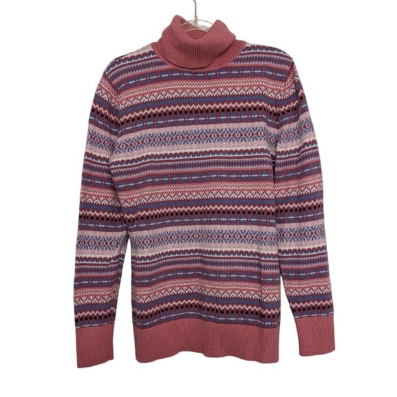 LL Bean Fair Isle Turtleneck Womens Size Medium Pink Cotton Cashmere Sweater - Picture 1 of 10